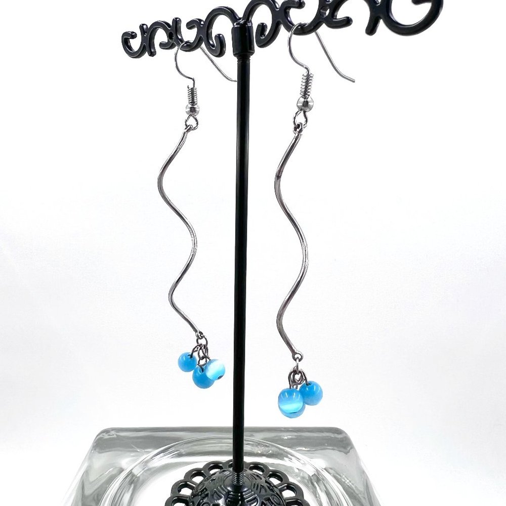 Blue Cats Eye Beaded Long Silver Tone Spiral Fishhook Earrings